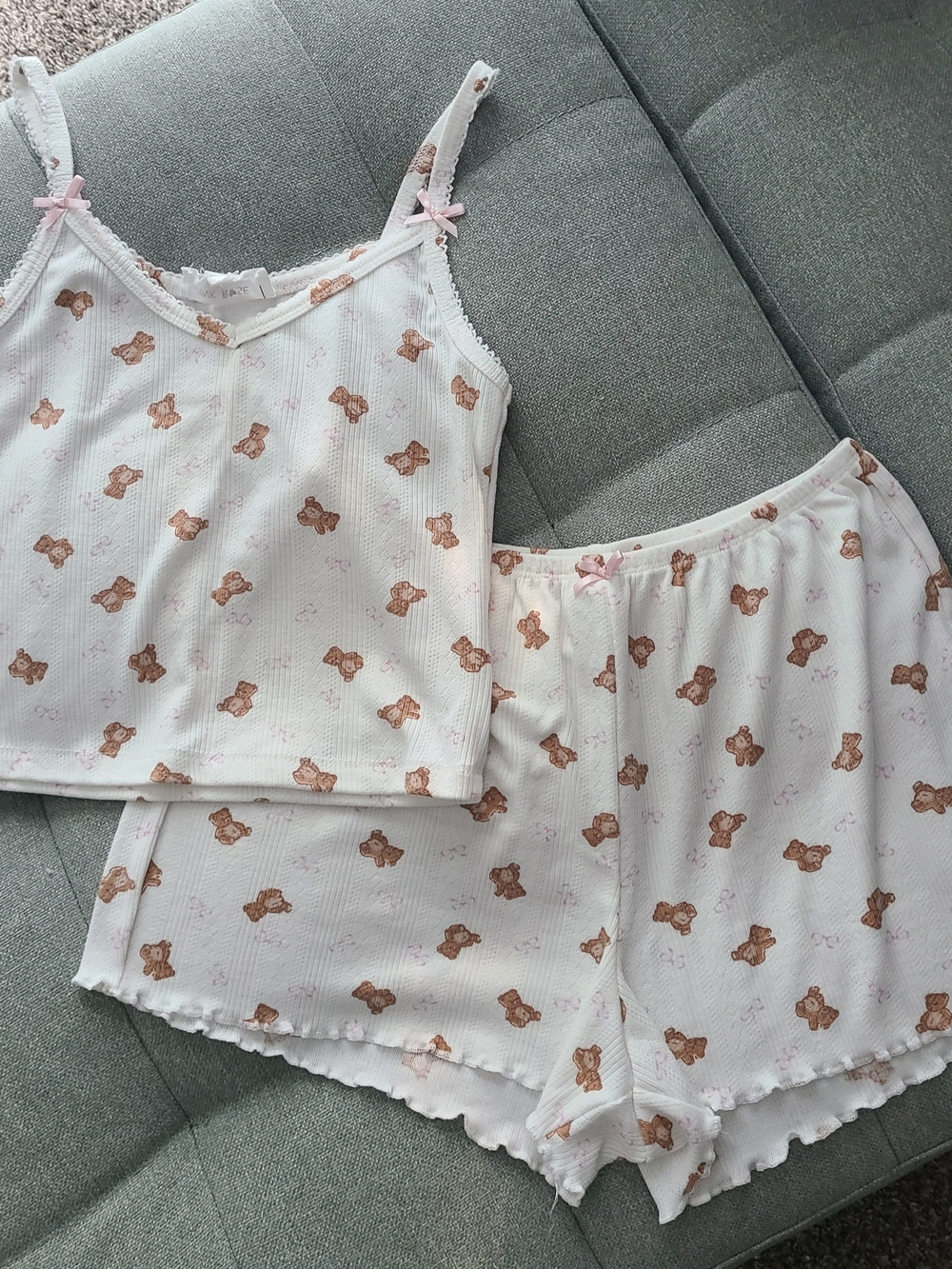 Pink Rose White Ribbed Cami & Shorts Sleep Set with Brown Teddy Print/Pink Bows